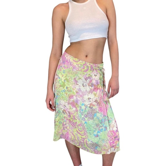Floral y2k midi skirt vintage mermaidcore neon size 12 - Picture 2 of 4